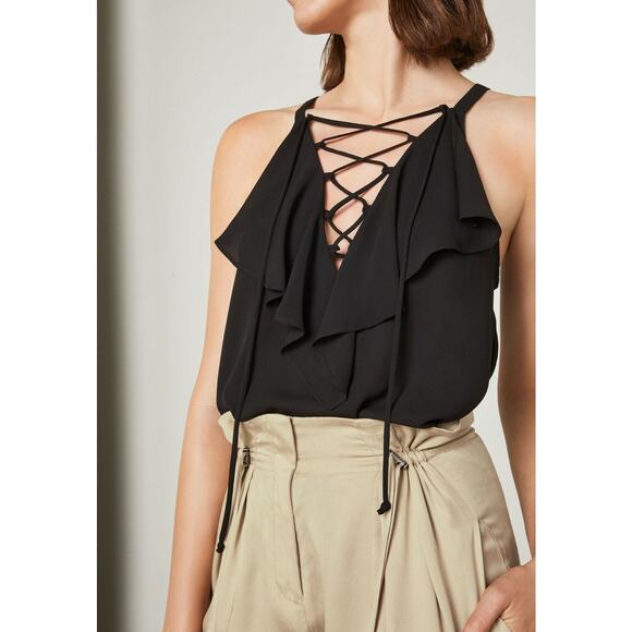 NWT‎ BCBGMAXAZRIA Black Lace-Up Ruffle Halter Top Size XS Sleeveless Blouse - Picture 2 of 11